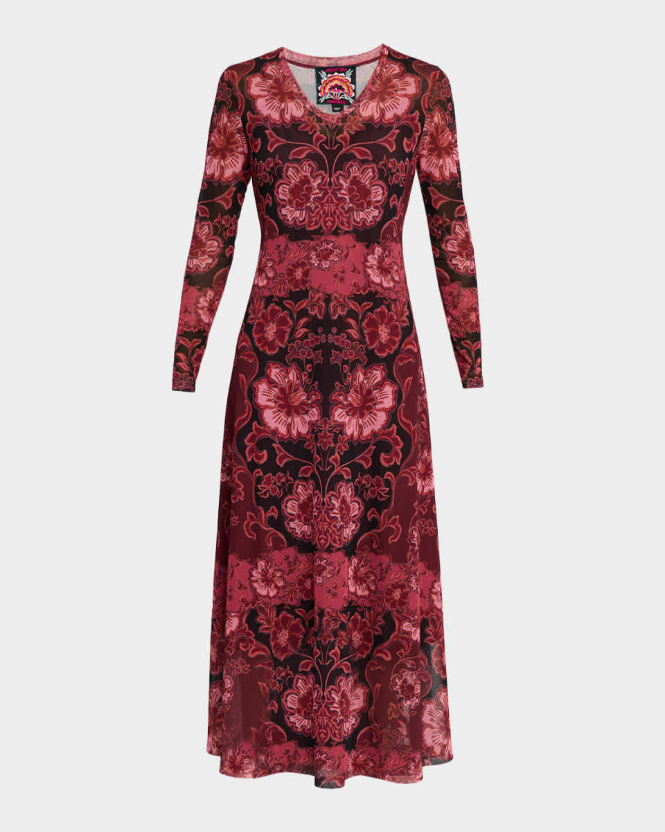 Floral-Print Mesh Midi Dress